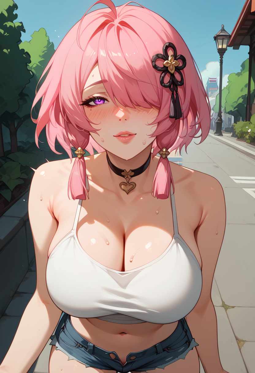 ai_generated black_choker blush choker eye_contact hair_ornament hair_over_one_eye horny large_breasts looking_at_viewer minishorts park pink_hair purple_eyes seductive short_hair stable_diffusion sugyx sunny sunshine sweat tank_top taoqi_(wuthering_waves) wide_hips wuthering_waves