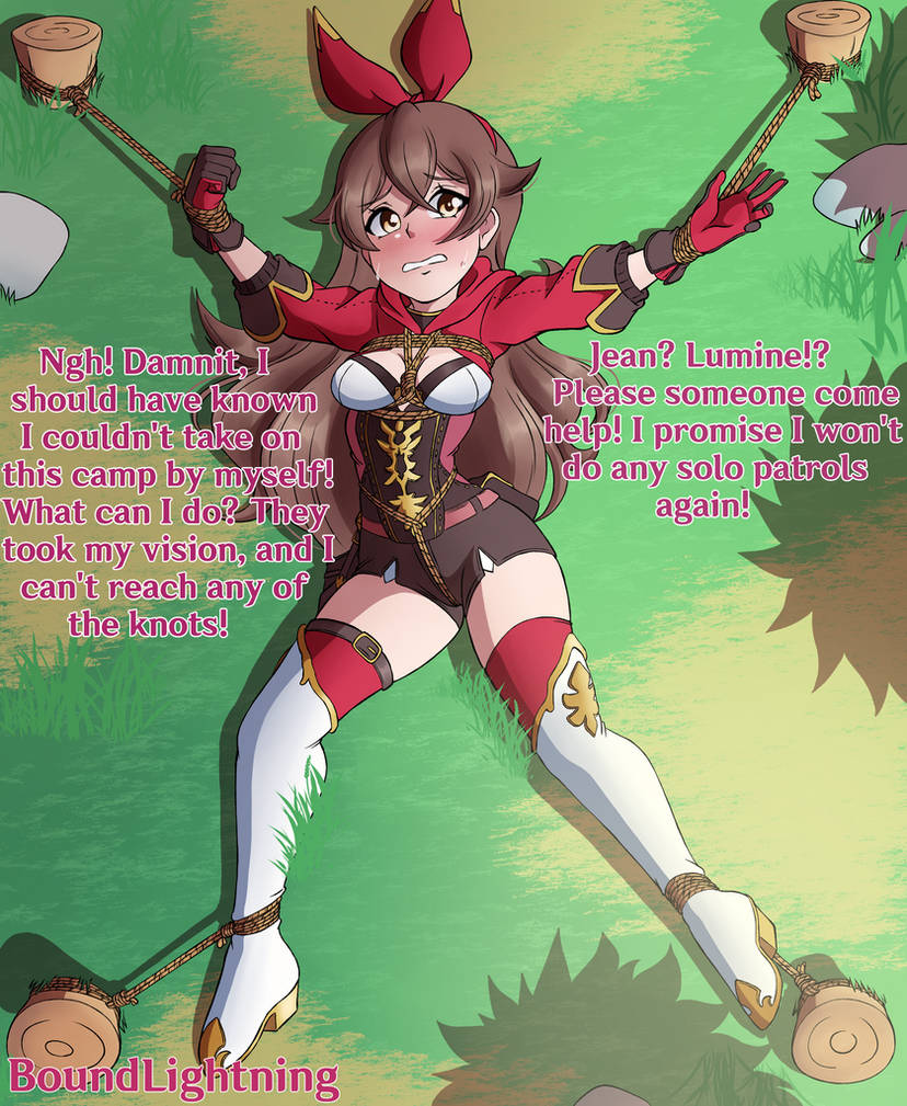 amber (genshin impact), arms up, bad end, blush, bondage, bound, boundlightning, breasts, captured, captured heroine, clothed, damsel in distress, defeated, defeated heroine, domination, enslaved, female, female focus, female only, femsub, forced, forced exposure, forced submission, game over, genshin impact, gloves, headband, heels, helpless, humiliation, kidnapped, male, maledom, peril, prisoner, restrained, sad, sad sub, scared, sex slave, slave, slave girl, sole female, solo, submissive, submissive female, thighhighs, thighs, trapped, unhappy, unhappy female, worried
