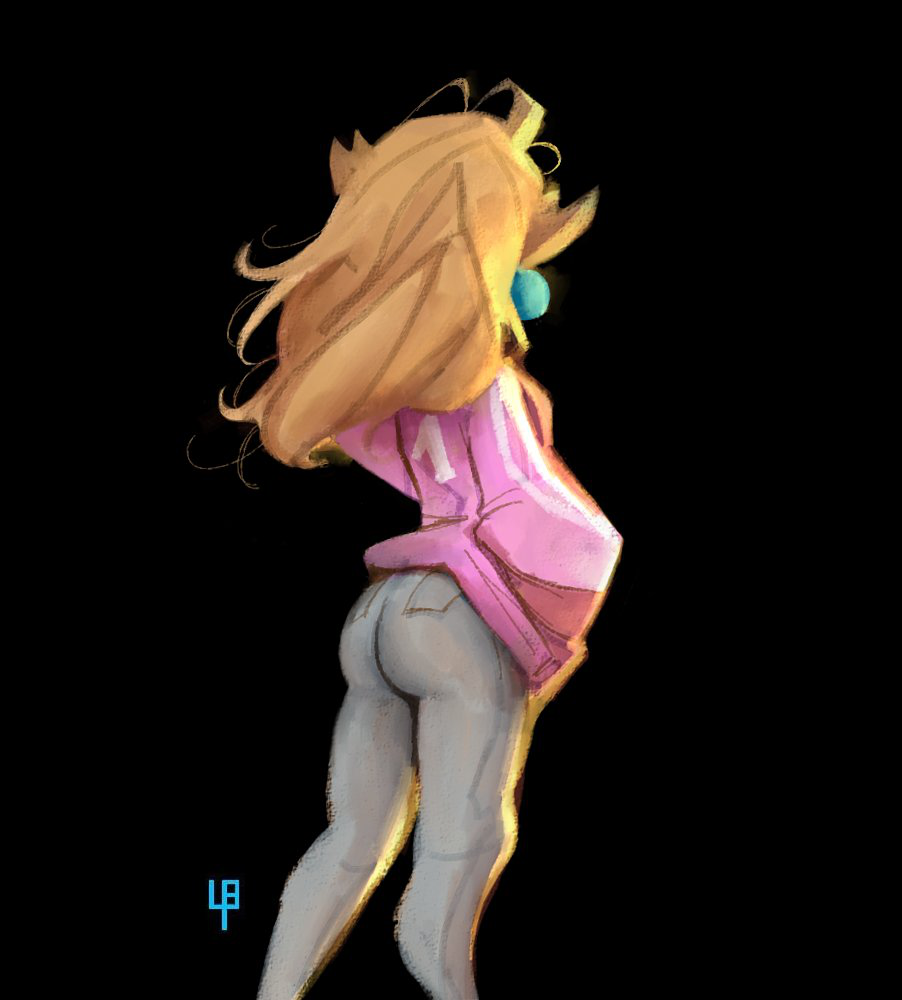 1girls back_view black_background blonde_hair clothing crown earrings female female_only gray_jeans jeans large_ass mario_(series) pink_sweater princess_peach simple_background solo standing sweater tomphelippe