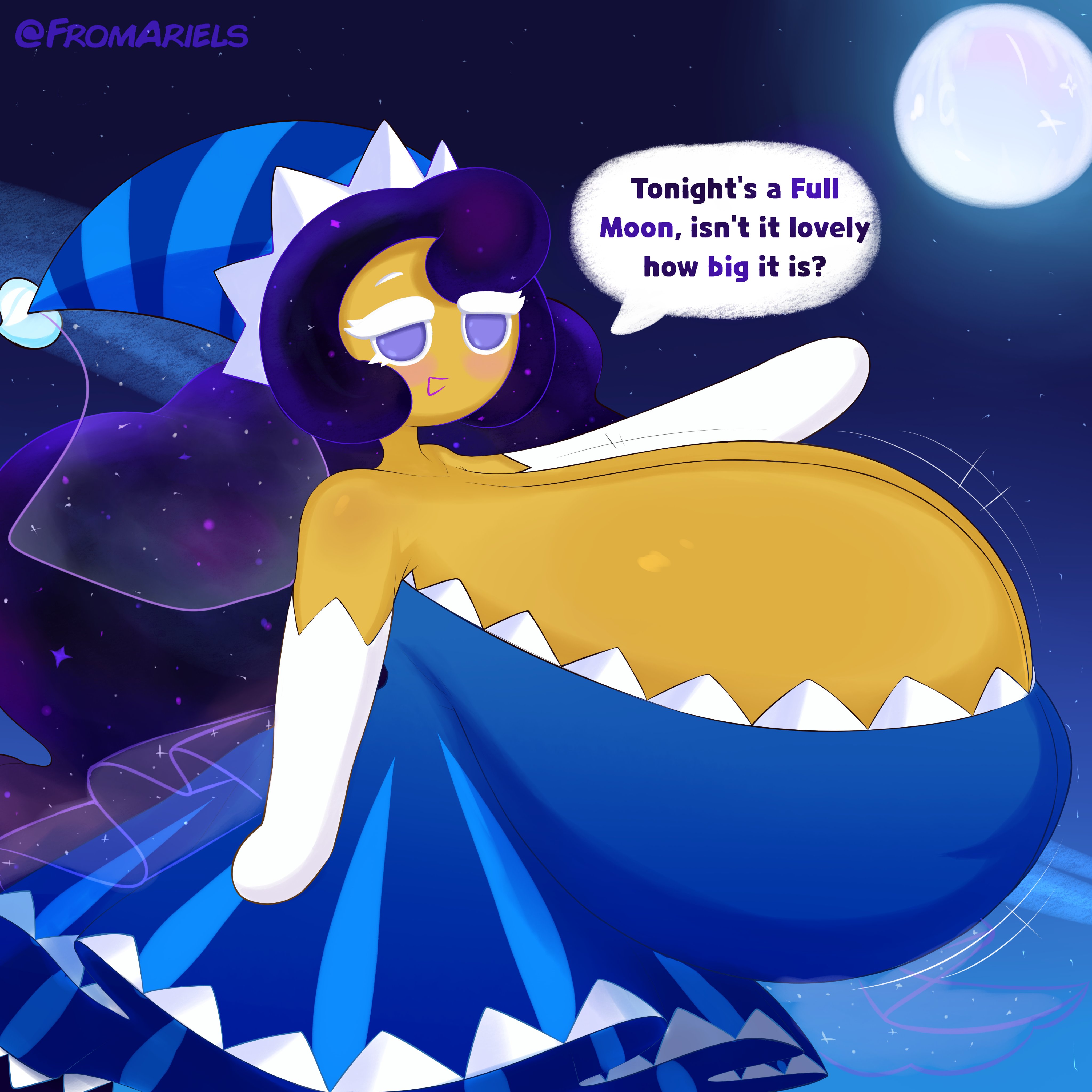 1girls, breasts, clothed, clothed female, cookie run, female, female only, fromariels, huge breasts, hyper, hyper breasts, moon, moonlight cookie, solo, solo female, tagme, text