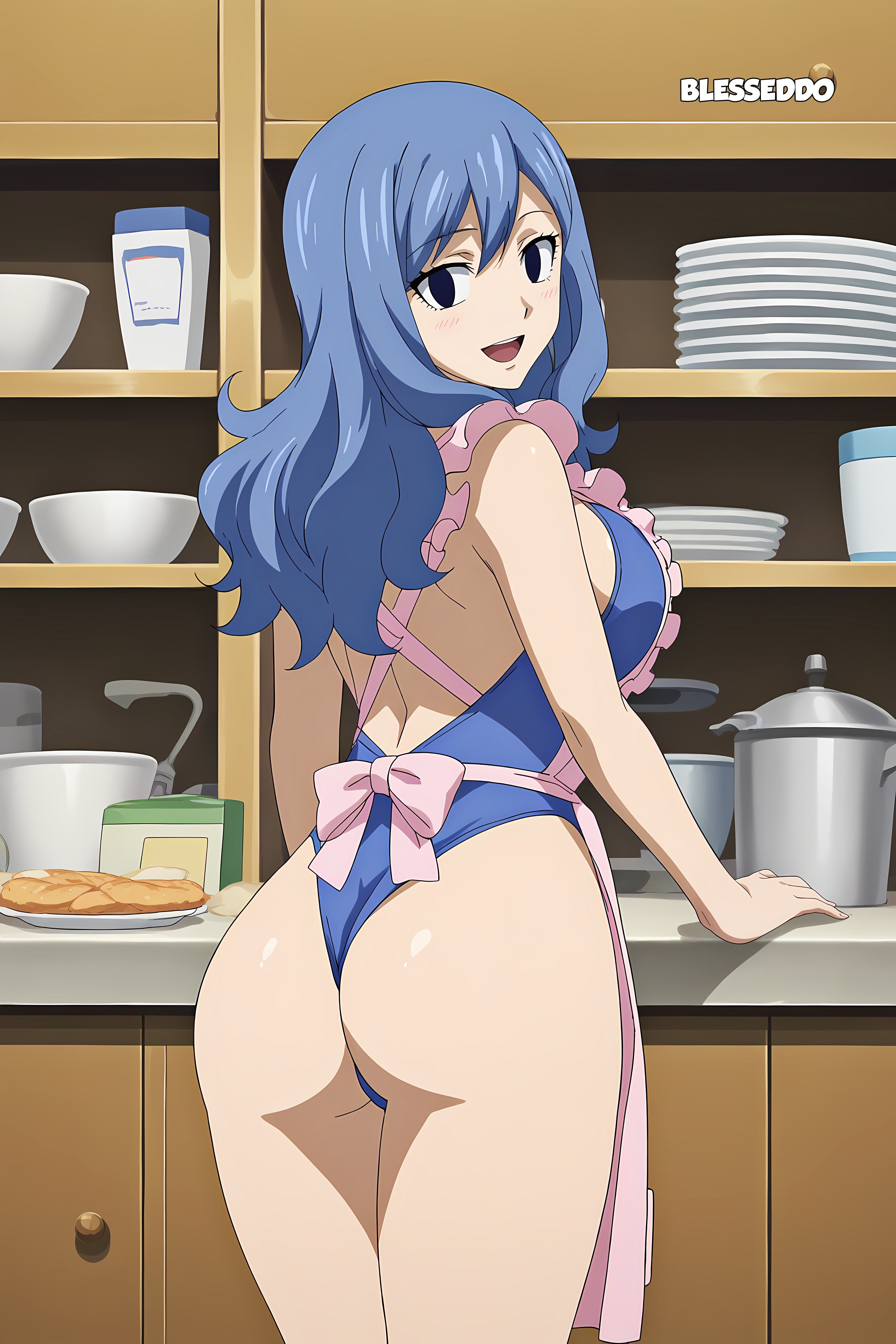 1girls, ai generated, apron, ass, ass focus, blesseddo, blue eyes, blue hair, blue-haired female, breasts, fairy tail, female, juvia lockser, leotard, long hair, looking at viewer, looking back, solo