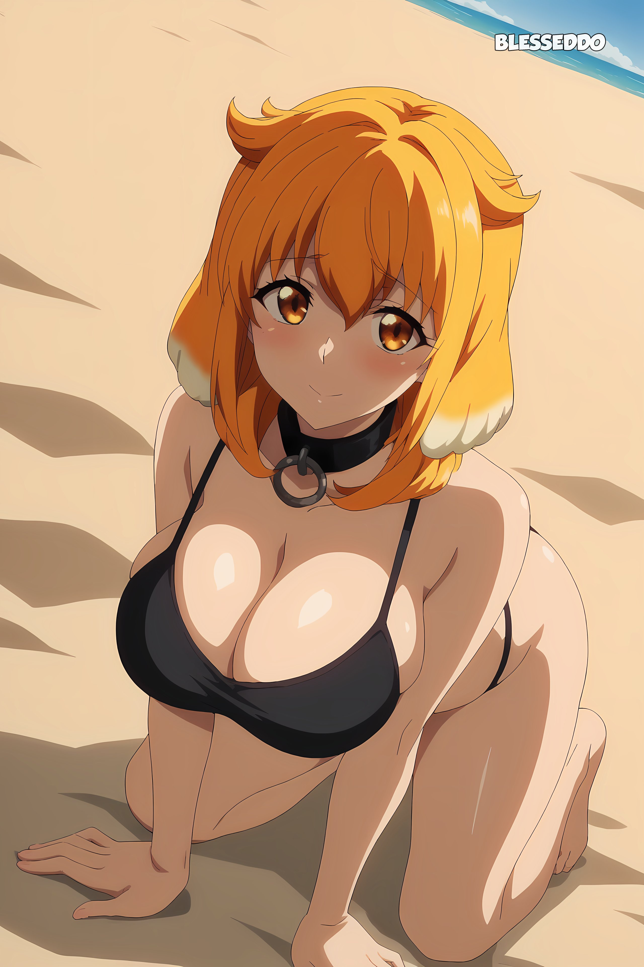 ai generated, blesseddo, blush, boob window, breasts, cleavage, dog ears, dog girl, female, isekai meikyuu de harem wo, looking at viewer, looking down, looking up, orange eyes, orange hair, roxanne (isekai meikyuu de harem wo), short hair