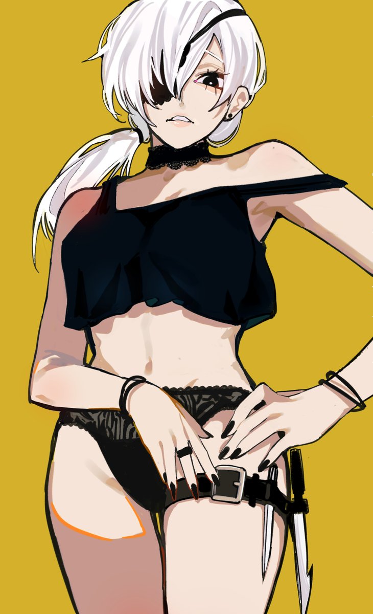 armpits, belly button, black nails, chainsaw man, chocker, ear piercing, eye patch, knife, lingerie panties, looking at viewer, ponytail, quanxi (chainsaw man), sailen, slim waist, white hair