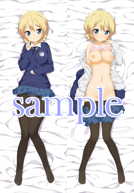 black_legwear blonde_hair blue_eyes bra bra_lift braid breasts cardigan dakimakura darjeeling emblem female girls_und_panzer hair_bun kaisen_chuui large_breasts looking_at_viewer lying necktie nipples on_back pantyhose pleated_skirt sample school_uniform skirt smile solo sweater text tied_hair uniform