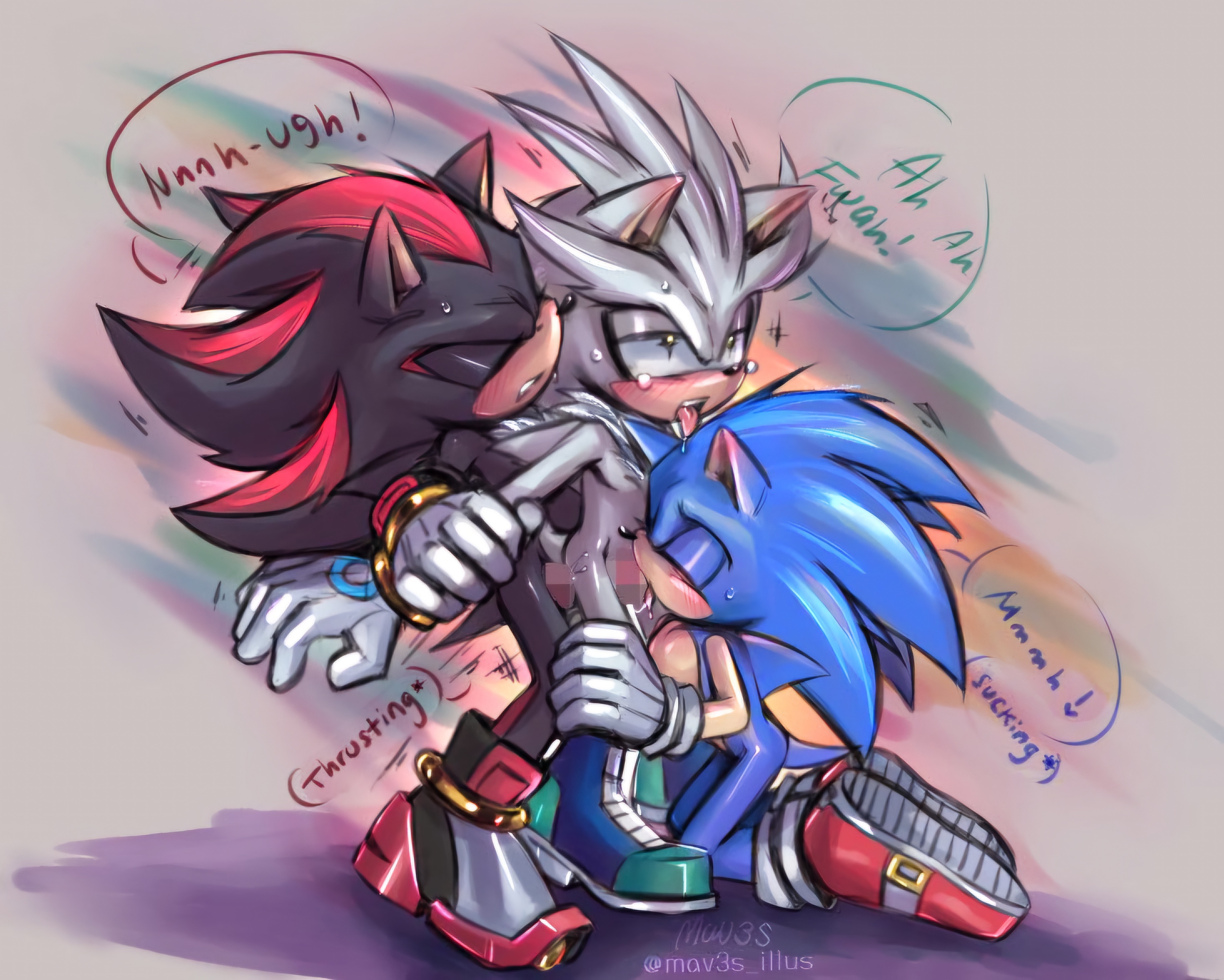 anal sex, censored, censored penis, fellatio, furry, male, male only, mav3s illus, oral sex, penis, sega, shadow the hedgehog, silver the hedgehog, sonic (series), sonic the hedgehog, threesome, yaoi