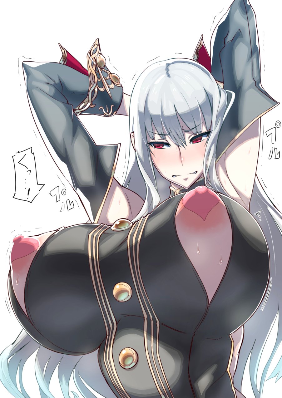 areola_slip areolae armpits arms_behind_head arms_up blush breasts bursting_breasts clenched_teeth clothing detached_sleeves erect_nipples female gigantic_breasts heart_pasties highres huge_breasts large_breasts long_hair nipples nipples_outside nuezou pasties red_eyes selvaria_bles silver_hair simple_background solo sweat text torn_clothes translation_request trembling upper_body valkyria_chronicles wardrobe_malfunction white_background