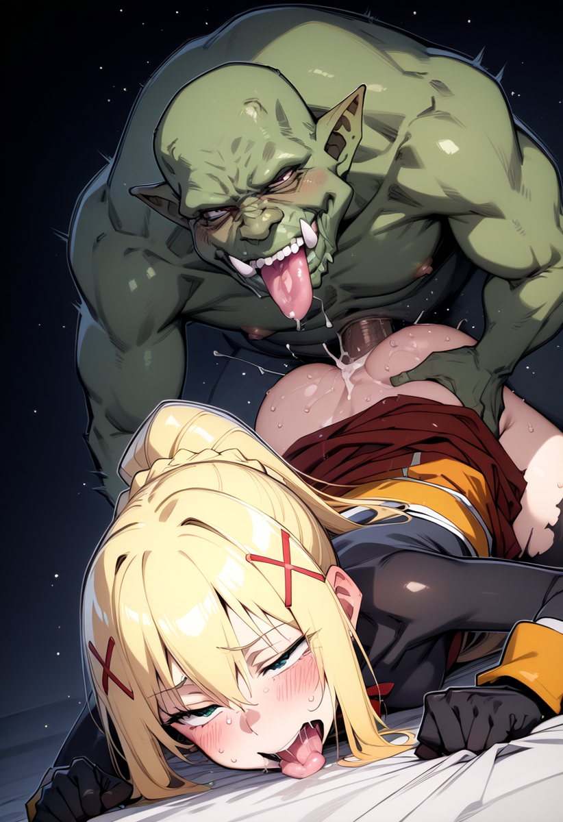1boy, 1girls, ai generated, darkness (konosuba), doggy style, face down ass up, female, front view, green skin, human female, interspecies, kono subarashii sekai ni shukufuku wo!, light skin, light-skinned female, male, monster, orc, orc male, torn clothes