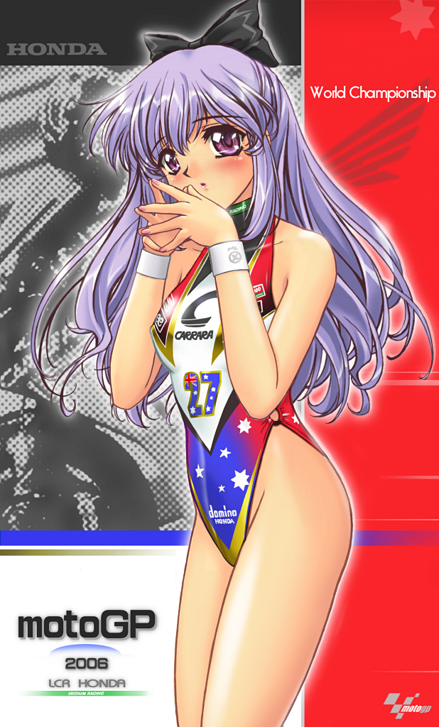 1girls breasts hairbow highleg highleg_leotard leotard long_hair looking_at_viewer moto_gp multicolored_leotard o-ring o-ring_leotard original painted_fingernails purple_eyes purple_hair r1 race_queen small_breasts wristband