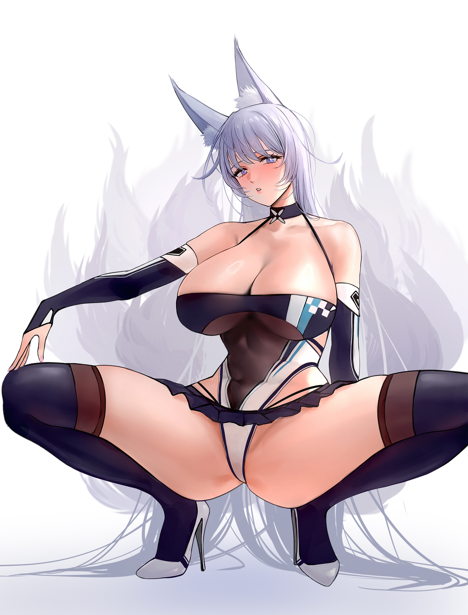 1girls, azur lane, black skirt, breasts, choker, cl (summer sama), cleavage, detached sleeves, female, female only, fox ears, fox girl, fox tails, high heels, highleg, highleg leotard, large breasts, leotard, light skin, light-skinned female, long hair, looking at viewer, microskirt, miniskirt, multi tail, multicolored leotard, purple eyes, race queen, revealing clothes, sakura empire (azur lane), shinano (azur lane), shinano (moonlit chrome) (azur lane), skimpy clothes, skirt, squatting, tail, tails, thighhighs, tight clothing, white hair