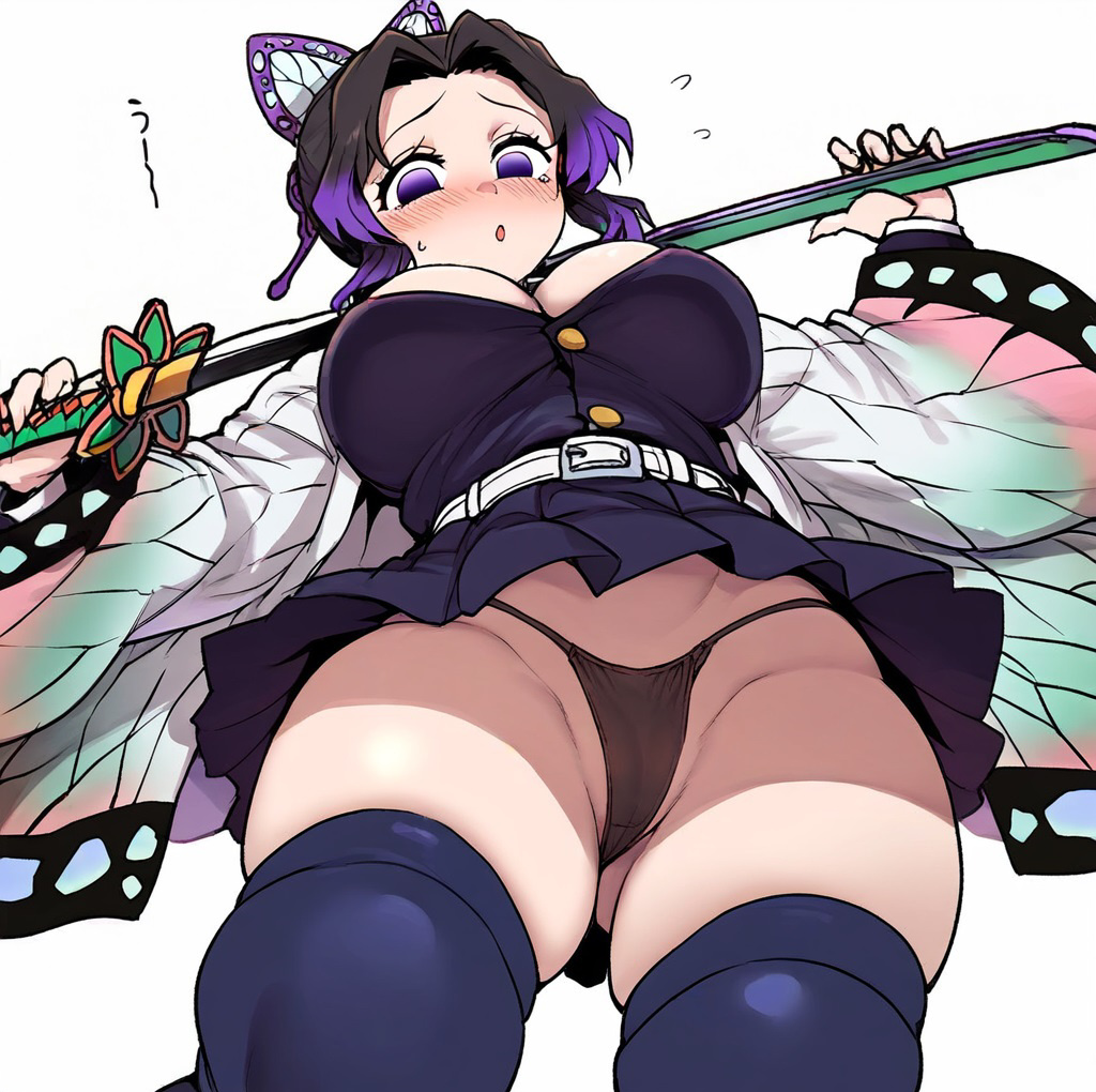 1girls ai_generated akan441 big_breasts black_hair blush butterfly_hair_ornament demon_slayer female female_only huge_breasts kimetsu_no_yaiba kochou_shinobu large_breasts light-skinned_female light_skin looking_down miniskirt multicolored_hair panties purple_eyes solo sword thick_thighs thighs thighs_bigger_than_head upskirt