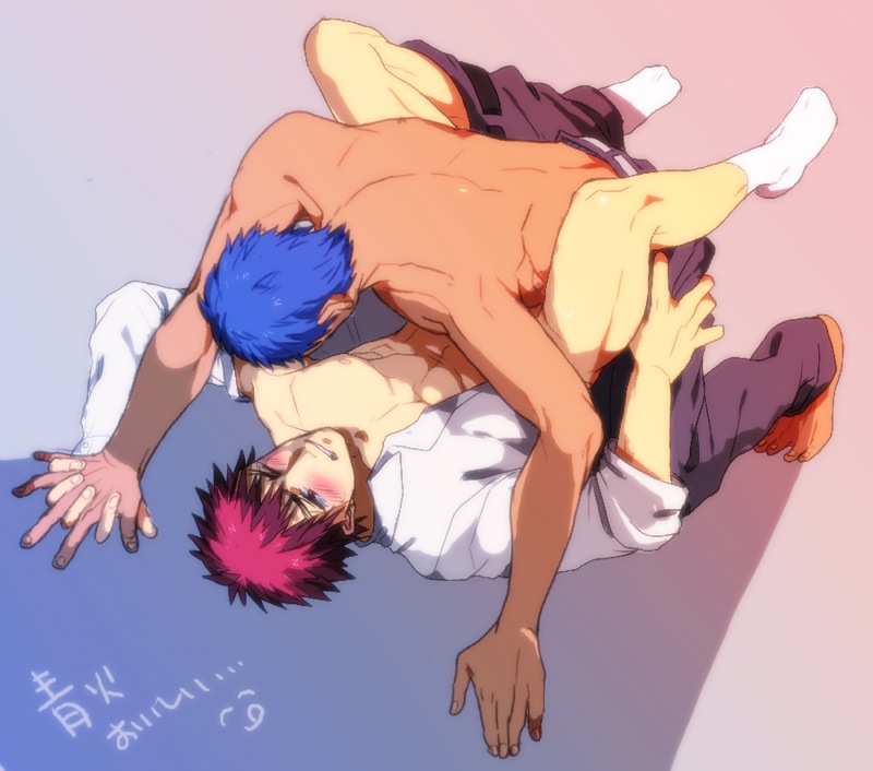 2boys aomine_daiki blue_hair kagami_taiga kneeling kuroko_no_basuke lying male_only multiple_boys muscle open_clothes red_hair socks yaoi