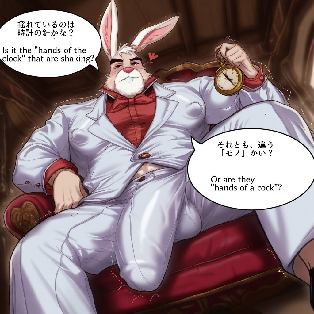 ai_generated anthro bara big_bulge blush bulge cerberus049 clothing covered_nipples erection_under_clothes huge_bulge looking_at_viewer male male_only mammal muscular_anthro penis_outline rabbit text tight_clothing