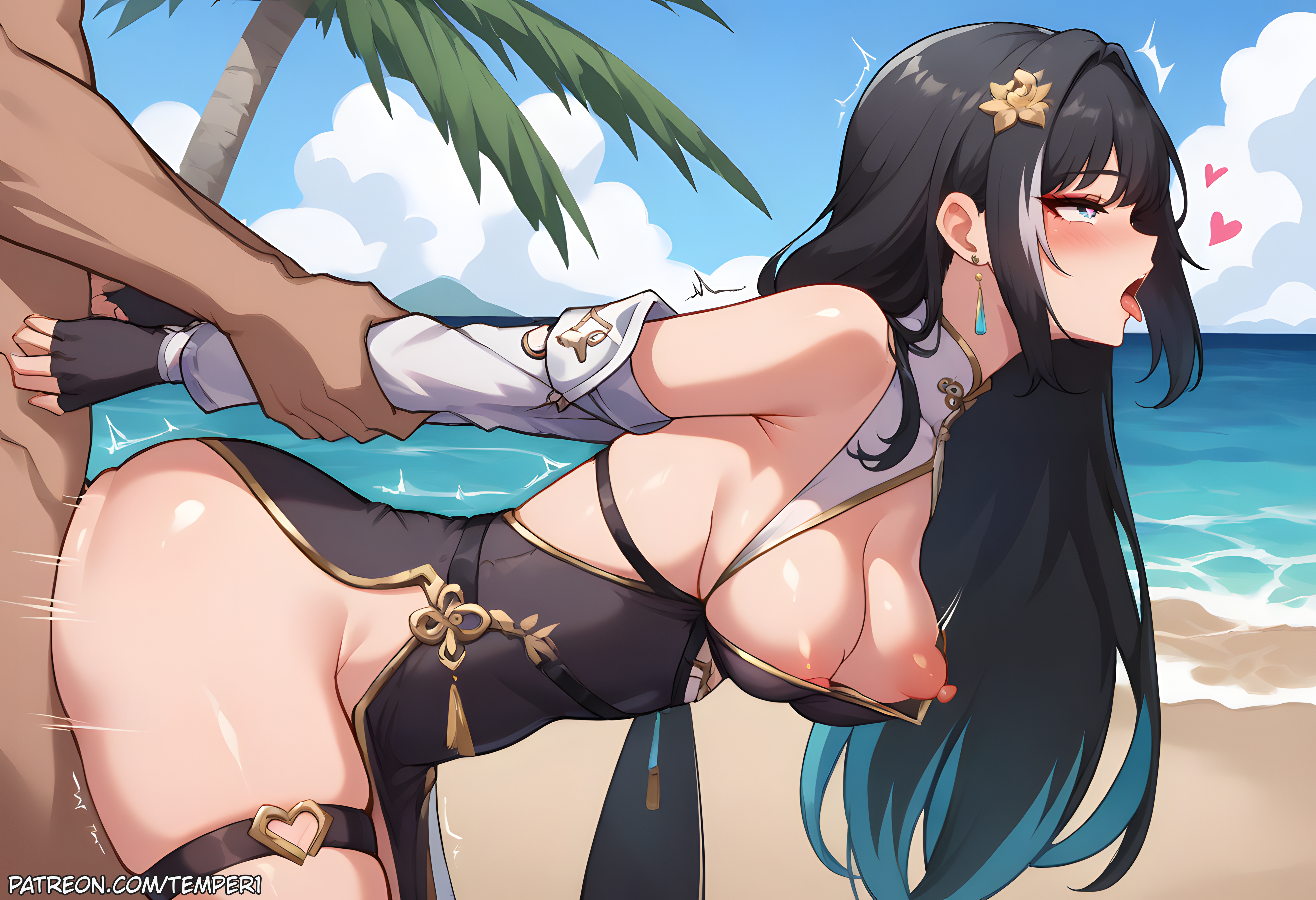 1boy, 1girls, ahe gao, ai generated, baizhi (wuthering waves), bare shoulders, beach, bent over, black dress, black gloves, black hair, blue eyes, blue sky, blush, breasts, china dress, chinese clothes, clothed female nude male, cloud, day, detached sleeves, dress, earrings, female, fingerless gloves, from side, gloves, hair ornament, heart, jewelry, large breasts, long hair, male, multicolored hair, nipples, no panties, nude, ocean, open mouth, outdoors, palm tree, rolling eyes, sex, sex from behind, sky, solo focus, stable diffusion, straight, temper ai, thigh strap, thighs, tongue, tongue out, tree, wuthering waves