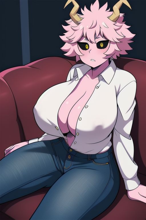 ai generated, black sclera, breasts, button down shirt, couch, female, huge breasts, jeans, mina ashido, my hero academia, pink hair, pink skin, yellow eyes