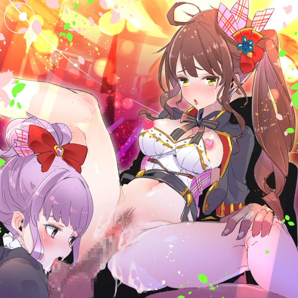 breasts brown_hair diantha_(granblue_fantasy) female granblue_fantasy hair_ribbon lavender_hair licking linaria_(granblue_fantasy) male navel nipples penis pubic_hair purple_eyes ribbon sex side_ponytail straight tajima_ryoushi testicle_licking yellow_eyes