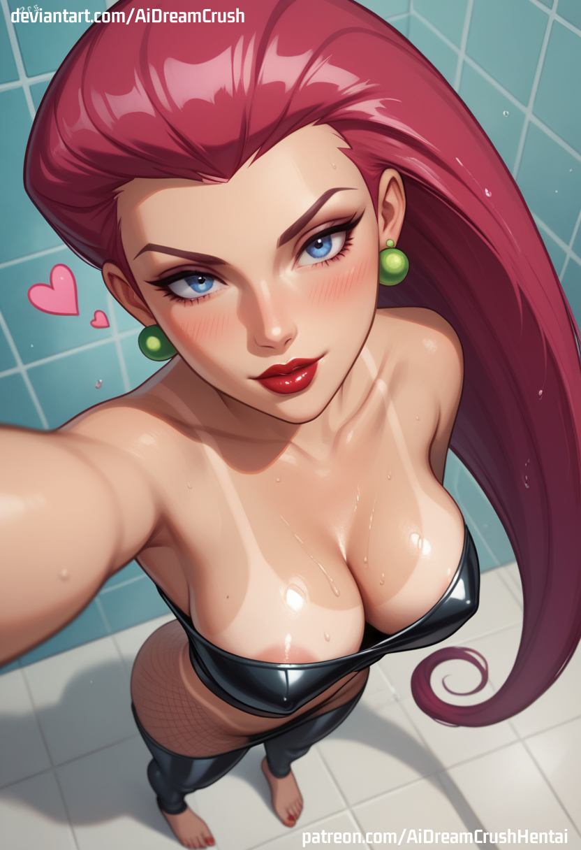 ai_generated aidreamcrush bathroom black_latex_bra black_latex_halter black_latex_pants fishnet_pantyhose halter_top jessie_(pokemon) latex_bra latex_halter latex_halter_top latex_pants nintendo pokemon red_hair selfie tanline team_rocket