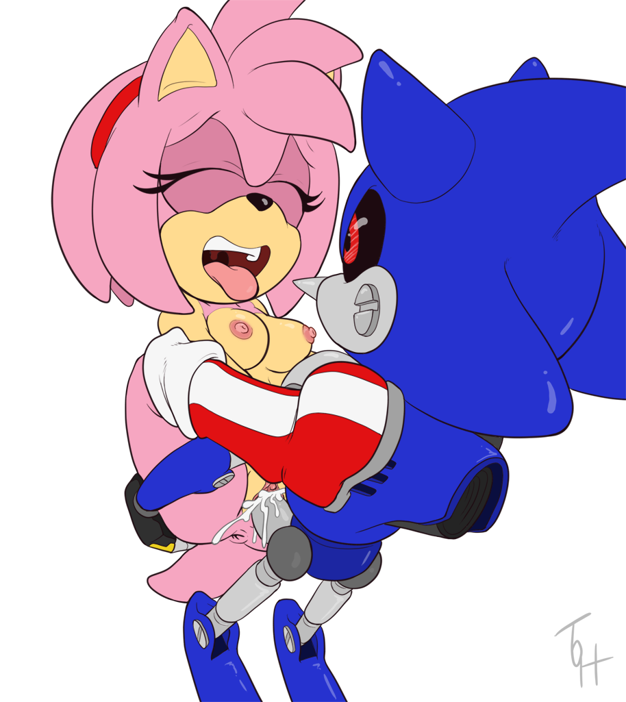 1girls, 2016, amy rose, anthro, anus, black nose, boots, breasts, carrying, closed eyes, clothing, cum, cum in pussy, cum inside, duo, exposed torso, female, footwear, furry, handwear, headband, hedgehog, machine, male, mammal, metal sonic, mostly nude, naked, nipples, nude, open mouth, orgasm, penetration, penis, pink hair, pussy, red eyes, robot, sex, short hair, signature, simple background, sonic (series), sonic the hedgehog (series), spread legs, straight, the other half, tongue, tongue out, vaginal penetration
