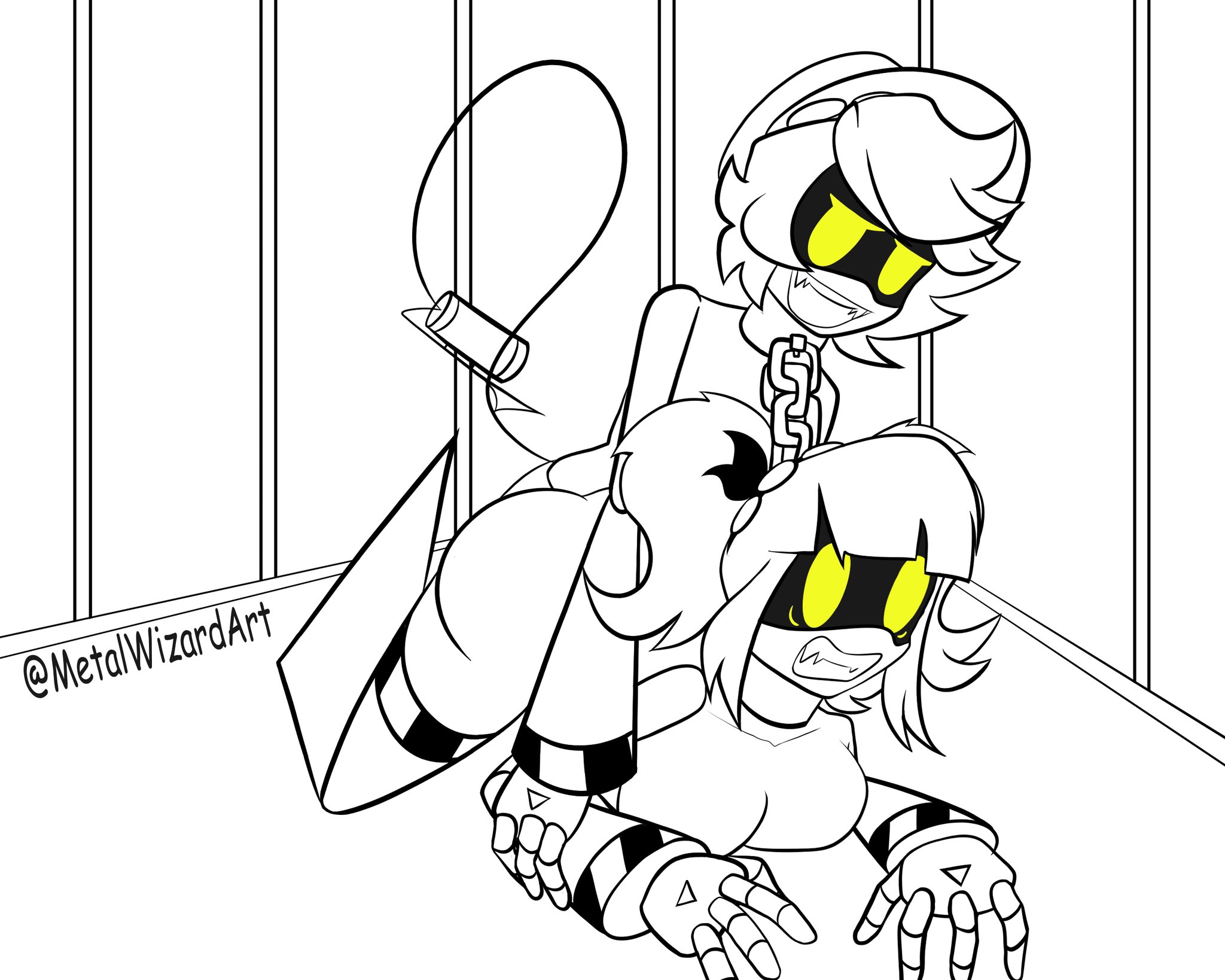 1boy, 1girls, 2d, biggestfanart, chained together, chains, disassembly drone, female, from behind, from behind position, glitch productions, hair, humanoid, j (murder drones), male, murder drones, n (murder drones), questionable consent, robot, robot boy, robot girl, robot humanoid, screen face, sex, straight, tail, white body