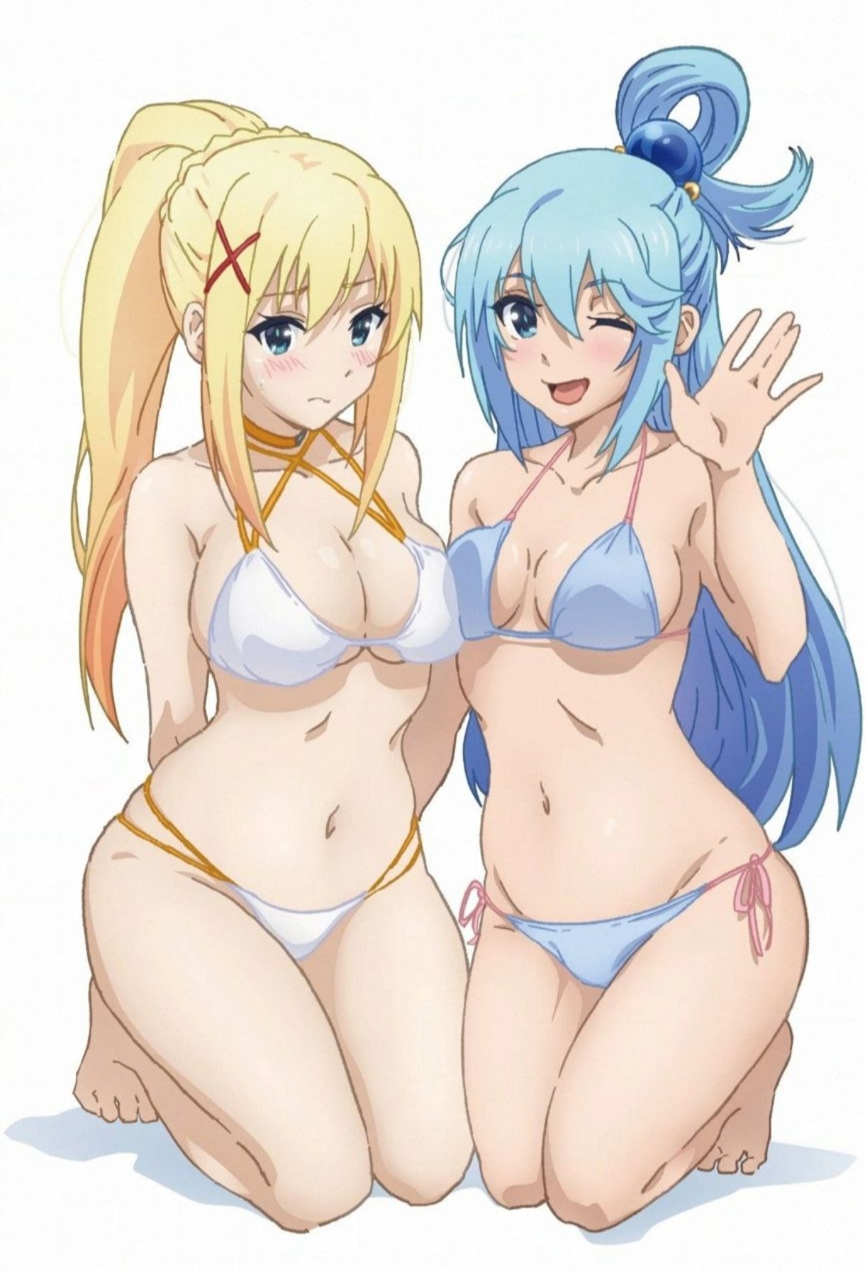2girls, aqua (konosuba), bare arms, bare belly, bare legs, bare shoulders, bare thighs, barefoot, belly button, big breasts, blonde hair, blue eyes, blue hair, blue swimsuit, blush, breasts, darkness (konosuba), embarrassed, feet, female, female only, greeting, kono subarashii sekai ni shukufuku wo!, long hair, megami magazine, mouth closed, multiple females, multiple girls, official art, one eye closed, open mouth, ponytail, smile, swimsuit, thighs, toes, white swimsuit