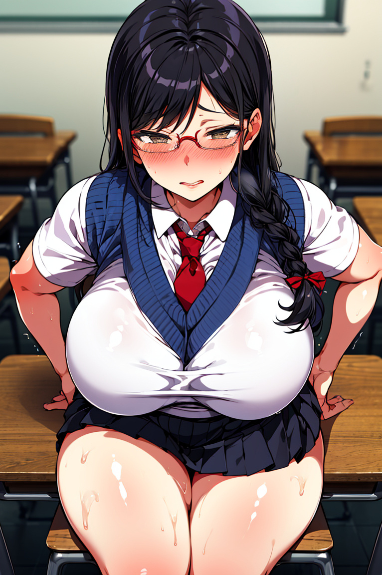 ai_generated big_breasts black_hair blush braided_ponytail brown_eyes gigantic_breasts glasses huge_breasts large_breasts light-skinned_female light_skin massive_breasts original original_character school_uniform schoolgirl squatting teruisf thick_female thick_thighs thighs thighs_bigger_than_head voluptuous voluptuous_female