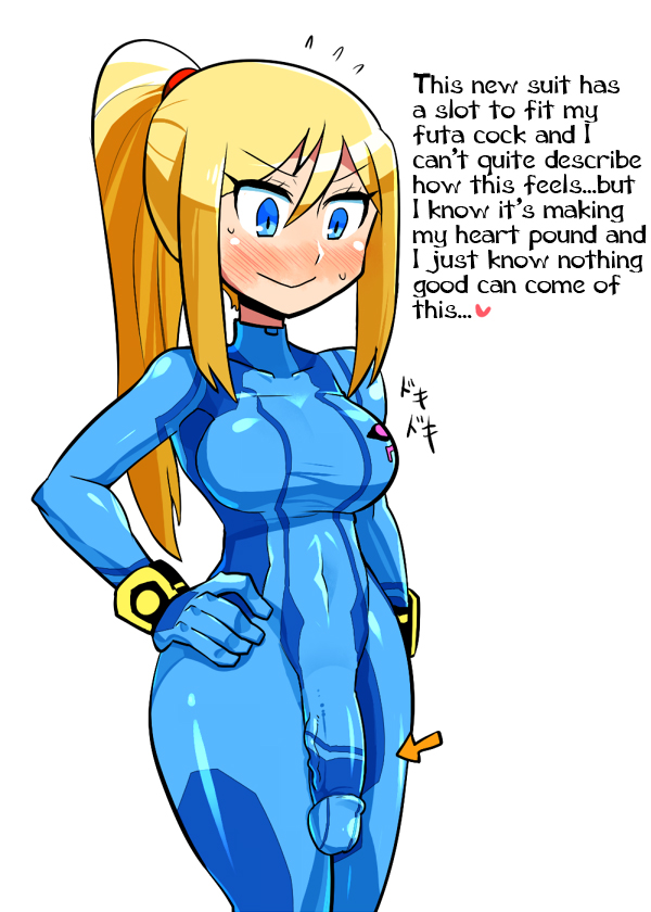 1futa, arrow (symbol), balls, balls in bodysuit, blonde hair, blue eyes, bodysuit, breasts, busty, clothing, crap-man, female, flaccid, full-package futa, futa only, futanari, genitalwear, hand on hip, hard translated, human, intersex, japanese, latex, latex futa, metroid, nintendo, pale skin, penis, penis in bodysuit, penis under clothes, ponytail, samus aran, solo, text, tied hair, voluptuous, zero suit, zero suit samus
