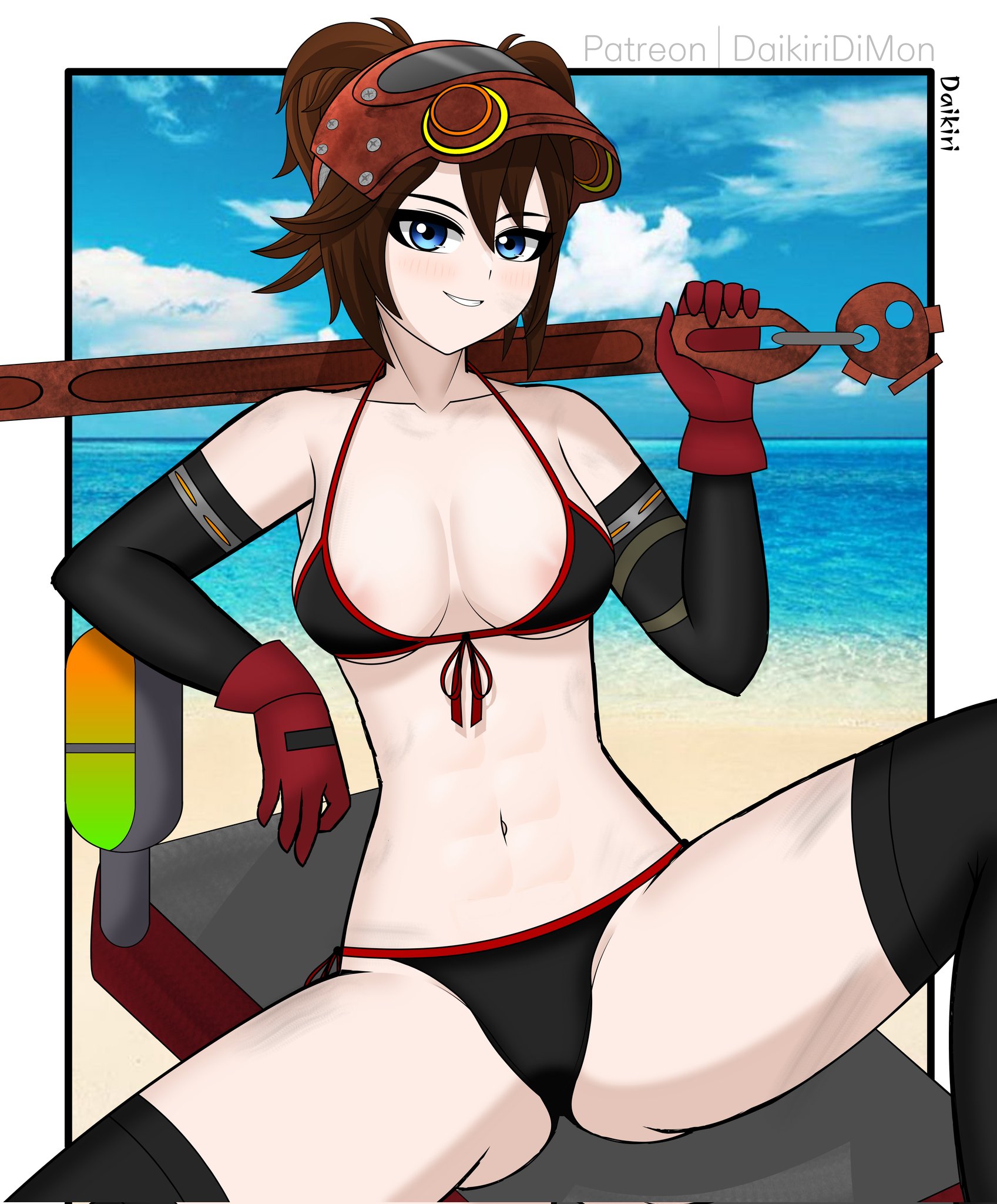1girls, abs, accessory, beach, bikini, blue eyes, breasts, brown hair, daikiri di mon, female, fortnite, fortnite: battle royale, gloves, patreon username, short hair, smiling, smiling at viewer, spread legs, the machinist (fortnite), thighhighs
