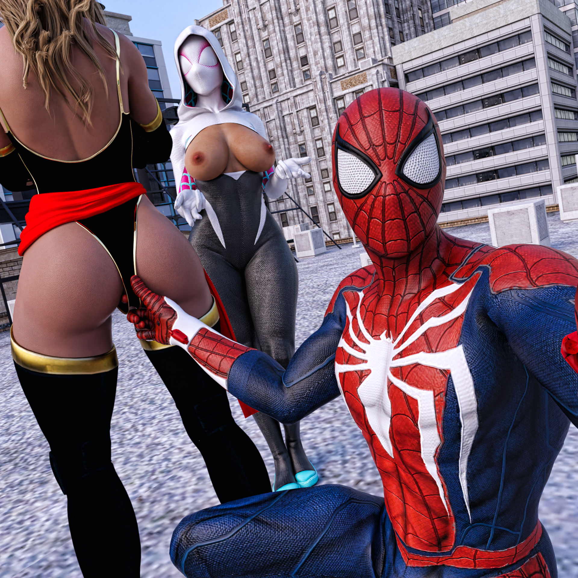 1boy, 2girls, 3d, ass, athletic, athletic female, athletic male, avengers, big ass, big breasts, breasts, busty, carol danvers, curvy, danp, exposed breasts, female, female focus, fit, fit female, fit male, gwen stacy, hourglass figure, huge ass, huge breasts, human, human only, large ass, large breasts, legs, light skin, light-skinned female, light-skinned male, male, male/female, marvel, marvel comics, ms. marvel (carol danvers), multiple females, multiple girls, peter parker, revealing clothes, slim, slim waist, spider-gwen, spider-man, spider-man (series), straight, superhero, superhero costume, superheroine, thick, thick hips, thick legs, thick thighs, thighs, top heavy, unaware, voluptuous, voluptuous female, waist, wide hips