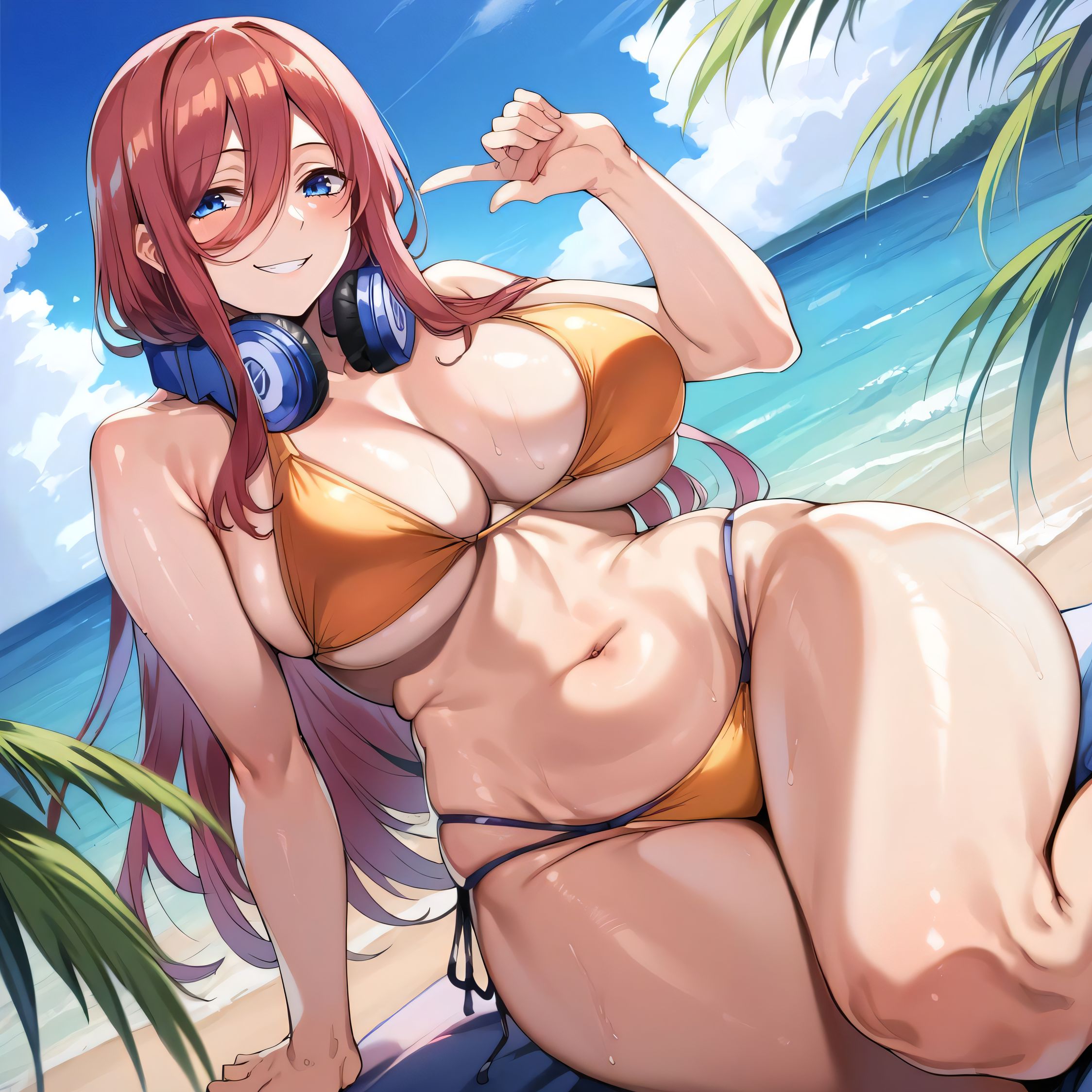 1girls, ai generated, alternate breast size, big breasts, bikini, breasts, busty, curvaceous, curvy, curvy body, curvy female, curvy figure, female, go-toubun no hanayome, huge breasts, large breasts, nakano miku, nipples, sweat, sweating, sweaty, sweaty body, sweaty breasts, swimwear, thick thighs, thighs, venus body