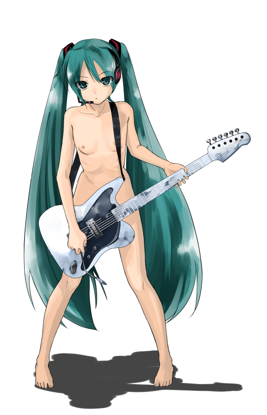 1girls barefoot breasts censored convenient_censoring feet female flat_chest green_eyes green_hair guitar hatsune_miku instrument long_hair microphone nipples nude ribs skinny solo tied_hair twintails very_long_hair vocaloid yada_ei