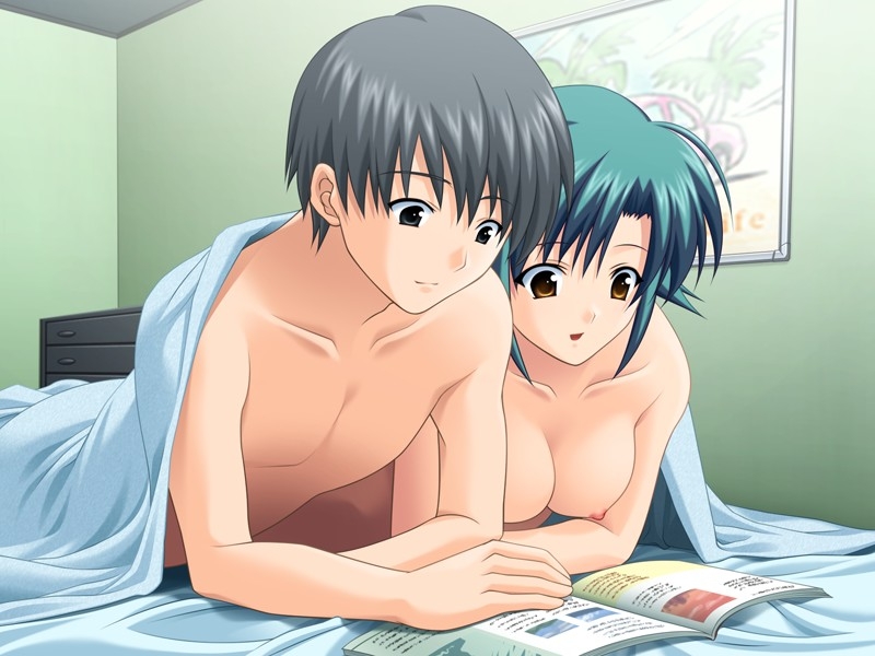 ariko_youichi bed black_hair blanket book brown_eyes couple cute fortune_cookie_(game) green_hair naked_sheet nude reading shared_blanket takaya_yui under_covers