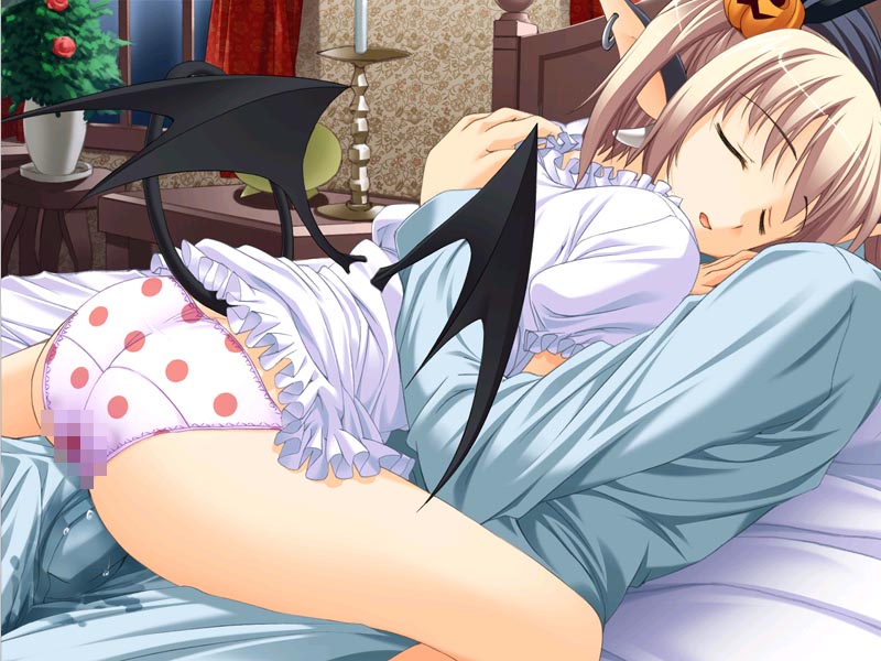 800x600 ass bat_wings bed censored closed_eyes clothing demon demon_girl demon_tail dutch_angle game_cg hakua_eran hug jewelry low_wings nightgown onegai_goshujin-sama! panties peeing pointy_ears single_earring tail underwear wings yukirin