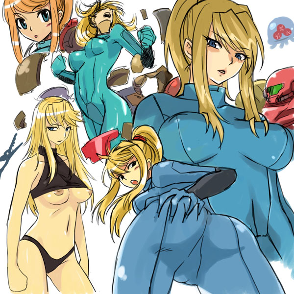 1girls armor armored_samus ass ass_grab blonde_hair blue_eyes bodysuit breasts cameltoe colored crotch_shot female helmet helmet_with_visor human long_hair metroid metroid_(creature) metroid_prime montage nintendo nipples pointy_chin ponytail samus_aran sports_bra super_metroid tied_hair uncensored varia_suit varia_suit_helmet white_background zero_suit zero_suit_samus