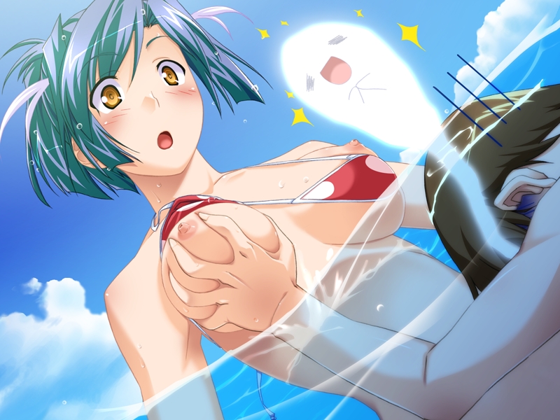 1boy 1girls :o =_= areolae asphyxiation assisted_exposure background bb bikini bikini_lift bikini_malfunction bikini_pull blue_hair blush breast_grab breasts brown_hair cloud color colored curvy drowning dutch_angle embarrassed enf erect_nipples exposed exposed_nipples female game_cg ghost giving_up_the_ghost hands_clasped head_wings jordh kawakami_kousuke kuuchuu_yousai large_breasts male megachu! nipples open_mouth outdoors polka_dot polka_dot_bikini polka_dot_swimsuit ponytail public public_nudity short_hair sky smile sparkle straight submerged surprised swimsuit tied_hair underboob underwater water wet wet_hair yellow_eyes