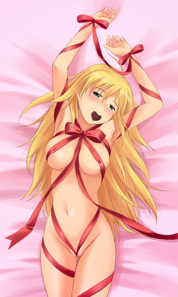 blonde_hair bondage hoshii_miki idolmaster naked_ribbon nishi_(count2.4) ribbon ribbons solo