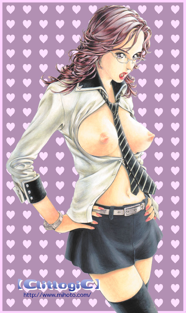 1girls bb breasts clitlogic glasses large_breasts mihoto_kouji necktie striped_tie tie