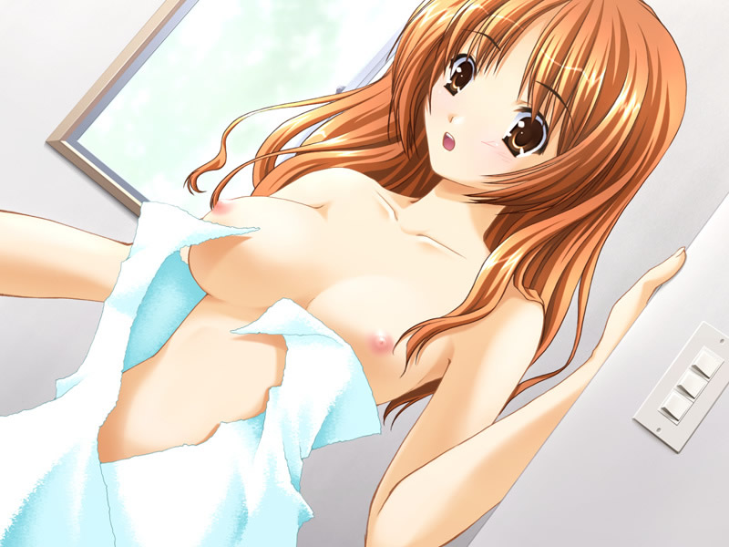 akizono_koyuki breasts brown_eyes game_cg kusakabe_rei long_hair nipples orange_hair towel wardrobe_malfunction yakitate_croissant