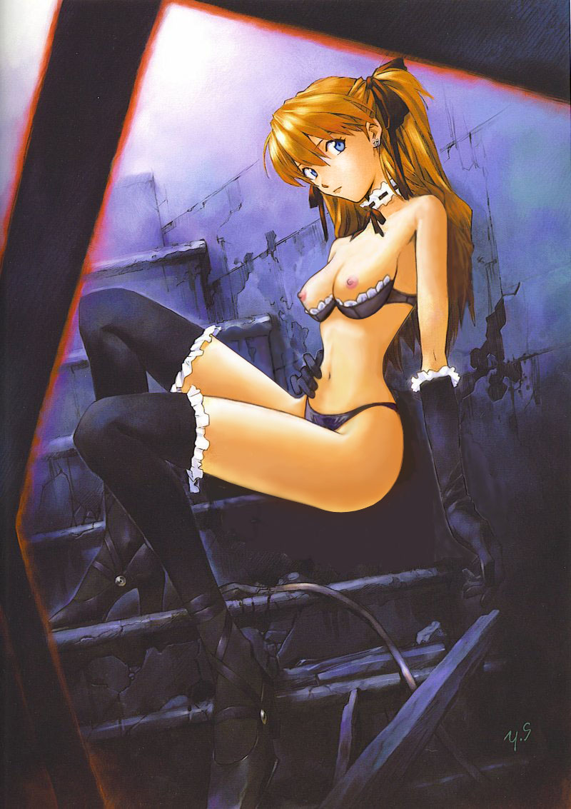 1girls accurate_art_style asuka_langley_sohryu bra breasts female gainax gloves human light-skinned_female light_skin long_hair medium_breasts neon_genesis_evangelion nipples orange_hair panties photoshop sadamoto_yoshiyuki stockings thighhighs