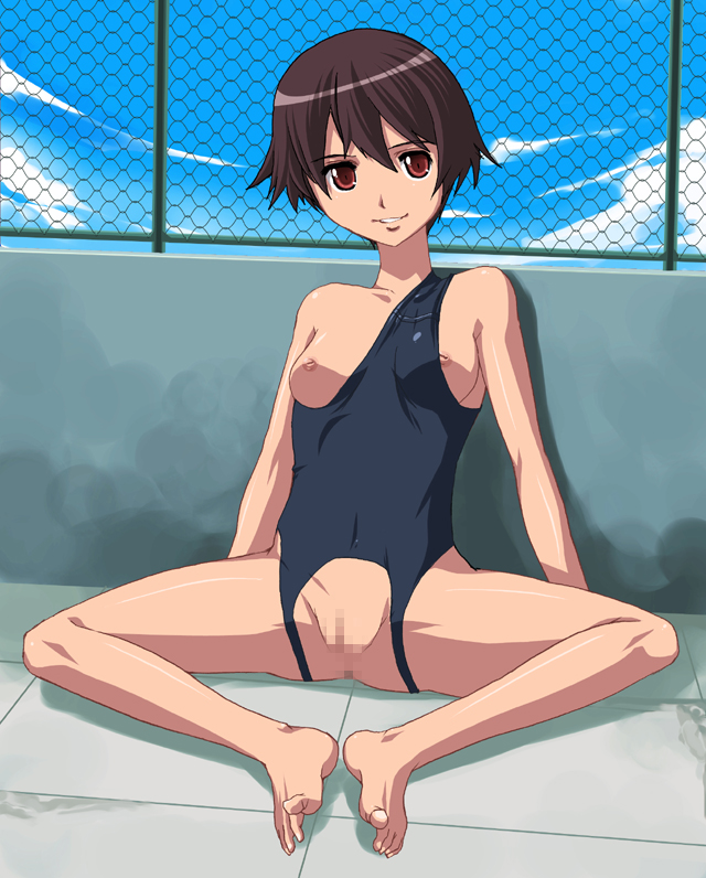 1girls barefoot breasts brown_eyes brown_hair censored crotch_cutout feet female inverted_nipples knees_apart_feet_together mosaic_censoring nipples one-piece_swimsuit pussy roof rooftop school_swimsuit short_hair sitting smile solo spread_legs swimsuit toe-point torn_clothes upside-down upside-down_clothes wardrobe_error