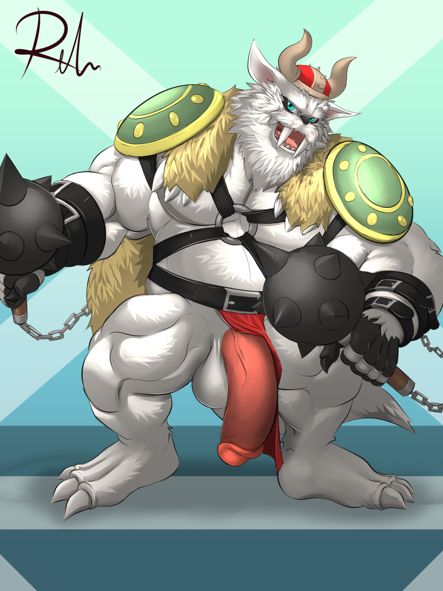 1boy anthro balls barefoot big_muscles big_penis cape circumcised clothed clothing digimon fangs flaccid front_view harness holding_object holding_weapon horned_helmet humanoid_penis ineffective_loincloth leather_straps loincloth looking_at_viewer male male_only mammal marine musclegut muscular open_mouth penis pinniped reclamon sabertooth_(feature) signature solo standing topless vein veiny_penis vikemon weapon