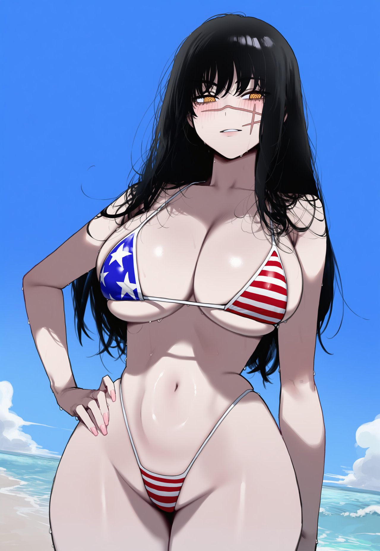1girls, ai generated, american flag, american flag bikini, black hair, chainsaw man, demon, demon girl, devil, devil girl, female, heroine, japanese female, light-skinned female, mitaka asa, ringed eyes, scar, scar on face, spiral eyes, truck kun, truck-kun art, yoru (chainsaw man)