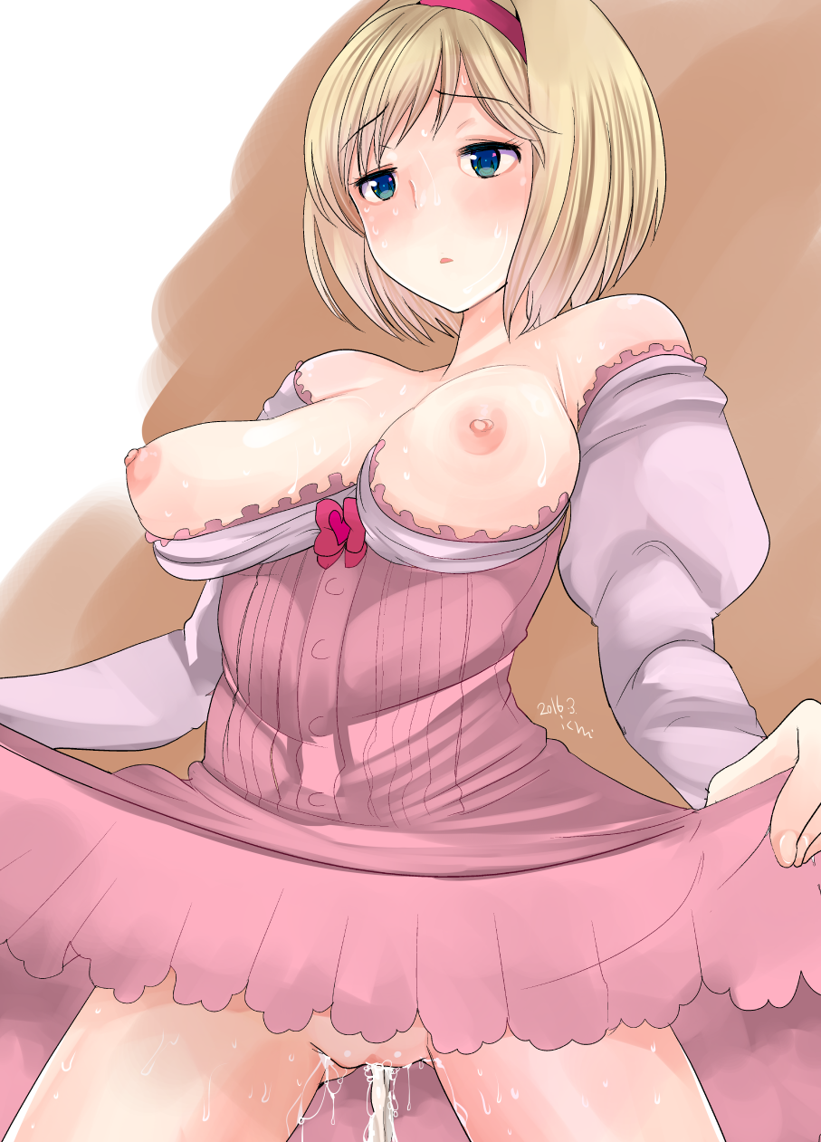 after_sex bare_shoulders blonde_hair blue_eyes blush breasts cum cum_in_pussy cumdrip djeeta_(granblue_fantasy) dress dress_lift dress_tug female granblue_fantasy hairband highres ichiko_(ichi) nipples puffy_sleeves pussy short_hair skirt_lift solo standing sweat