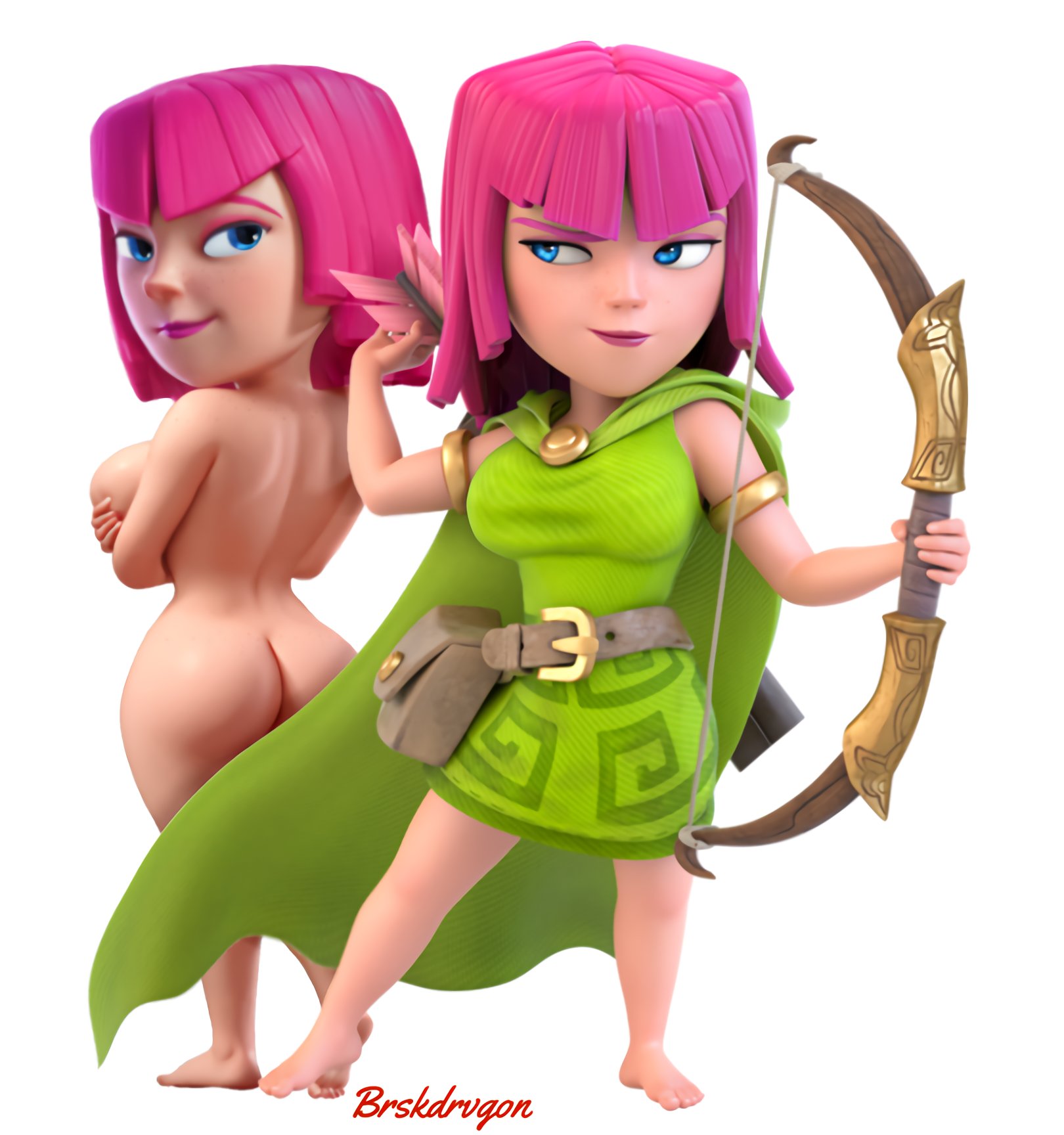 1girls, 2d, 2d (artwork), archer (clash of clans), ass, brskdrvgon, clash (series), clash royale, clothed, clothed female, clothing, female, female focus, female only, naked, naked female, nude, nude female, pink hair, posing, posing for the viewer, scar, scared, weapon, weapons