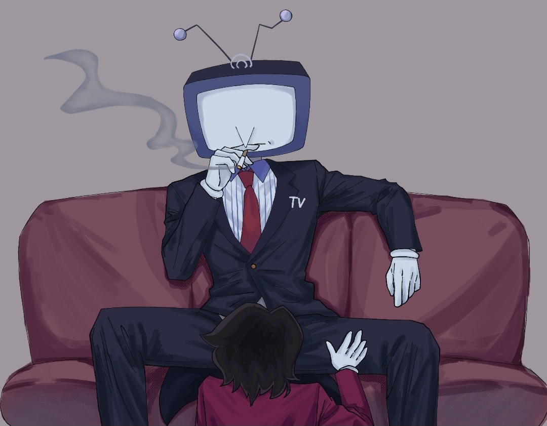 blowjob, cigarette, cigarette smoke, defernull, deltarune, implied blowjob, implied oral, on knees, smoking, smoking cigarette, spamtenna, spamton g spamton, tenna (deltarune), underfell