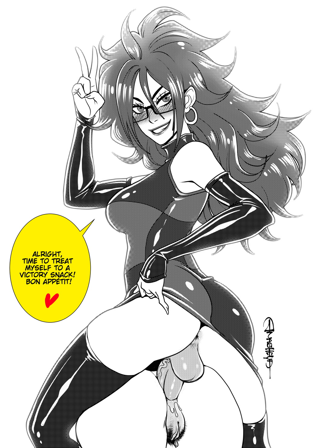 1futa, 1girls, anal, anal sex, anasheya, android 21, android 21 (human), anus, ass, balls, cum, cum in ass, cum inside, dickgirl, dragon ball, dragon ball fighterz, erection, female, femsub, futa on female, futadom, futanari, hoop earrings, intersex, penetration, penis, penis under dress, pubic hair, sex, speech bubble, testicles, text