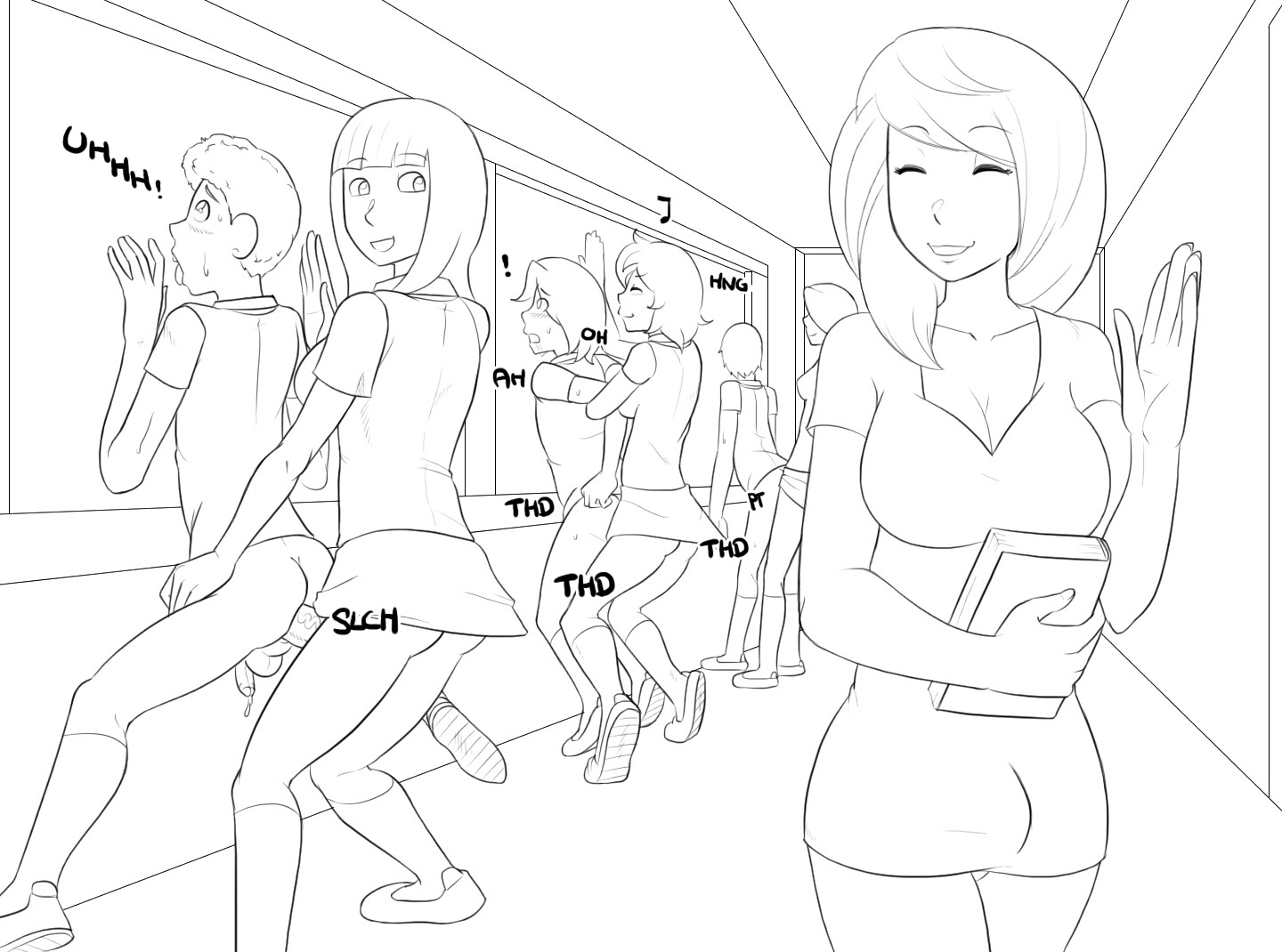 anal, anal sex, breasts, english text, female, futa is bigger, futa on male, futadom, futanari, intersex, male, malesub, monochrome, multiple boys, multiple females, multiple girls, multiple males, multiple subs, nobody in particular, penis, penis size difference, small penis, students, teacher, text