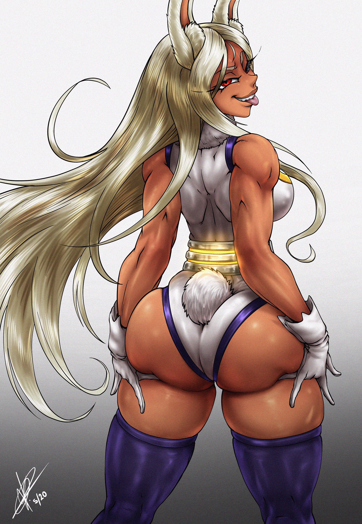 1girls, animal ears, ass, ass focus, bare shoulders, belt, big ass, black background, breasts, bubble butt, cowboy shot, daffduffart, dark skin, dark-skinned female, dated, female, female focus, female only, from behind, gloves, gradient background, highres, large ass, leotard, line art, long hair, looking at viewer, looking back, mirko, my hero academia, parted bangs, purple thighhighs, rabbit ears, rabbit tail, red eyes, signature, silver hair, smile, solo, solo female, solo focus, standing, tail, teeth, thighhighs, tongue, tongue out, two-tone background, upper teeth only, watermark, white background, white gloves