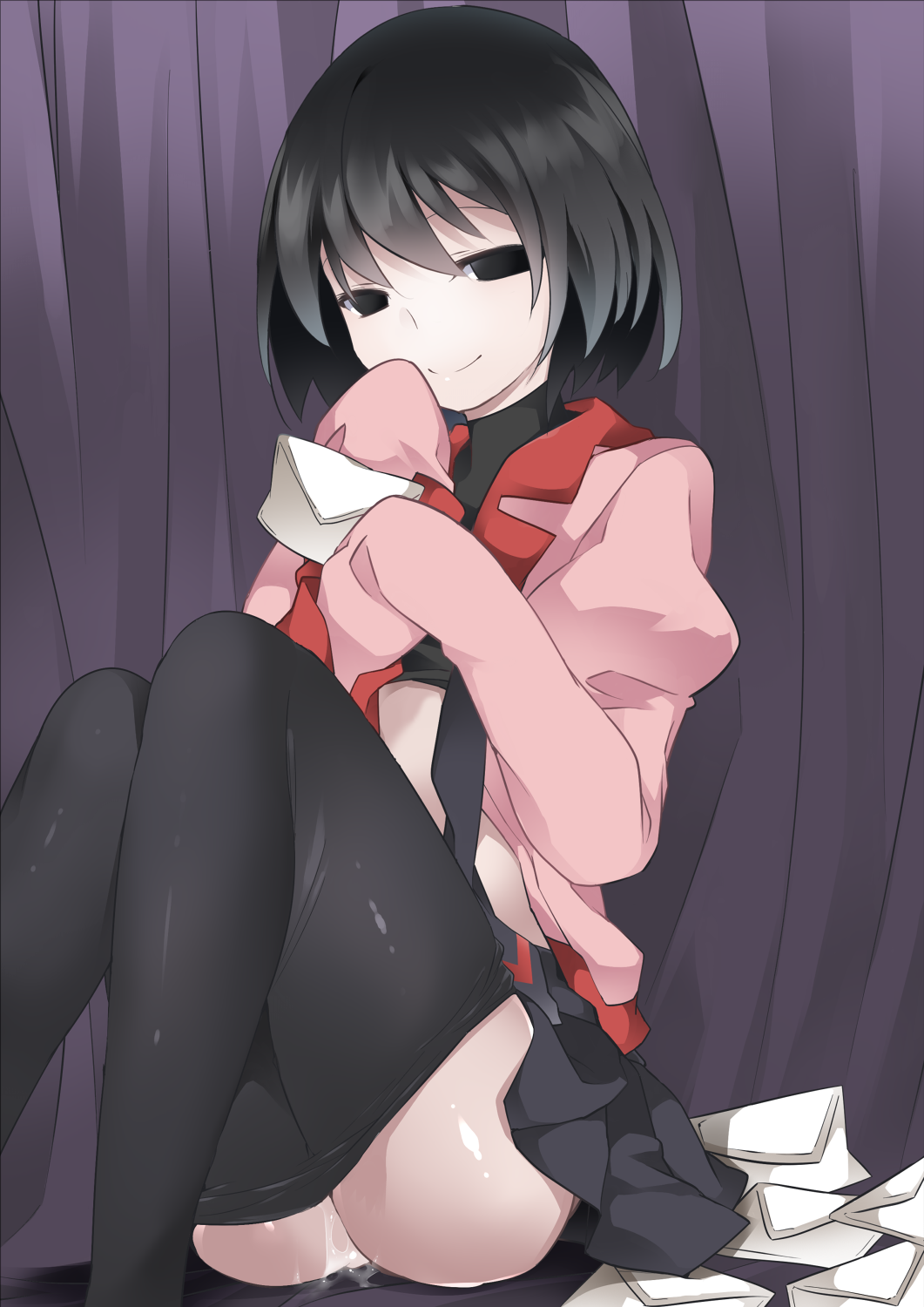 black_eyes black_hair black_skirt clothing envelope female hammer_(sunset_beach) highres looking_at_viewer monogatari_(series) oshino_ougi owarimonogatari pantyhose pantyhose_pull pleated_skirt pussy_juice shirt_lift short_hair skirt skirt_lift sleeves_past_wrists smile solo turtleneck