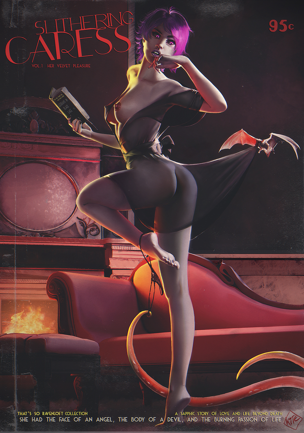 areolae, ass, bat, breasts, erect nipples, female, labrae, lingerie, monster girl, nail polish, nipples, off shoulder, one breast out, panties around one leg, purple hair, see-through, short hair, standing, stripped by tentacles, tentacle, text, thekite, transparent clothing, undressing, warcraft, world of warcraft