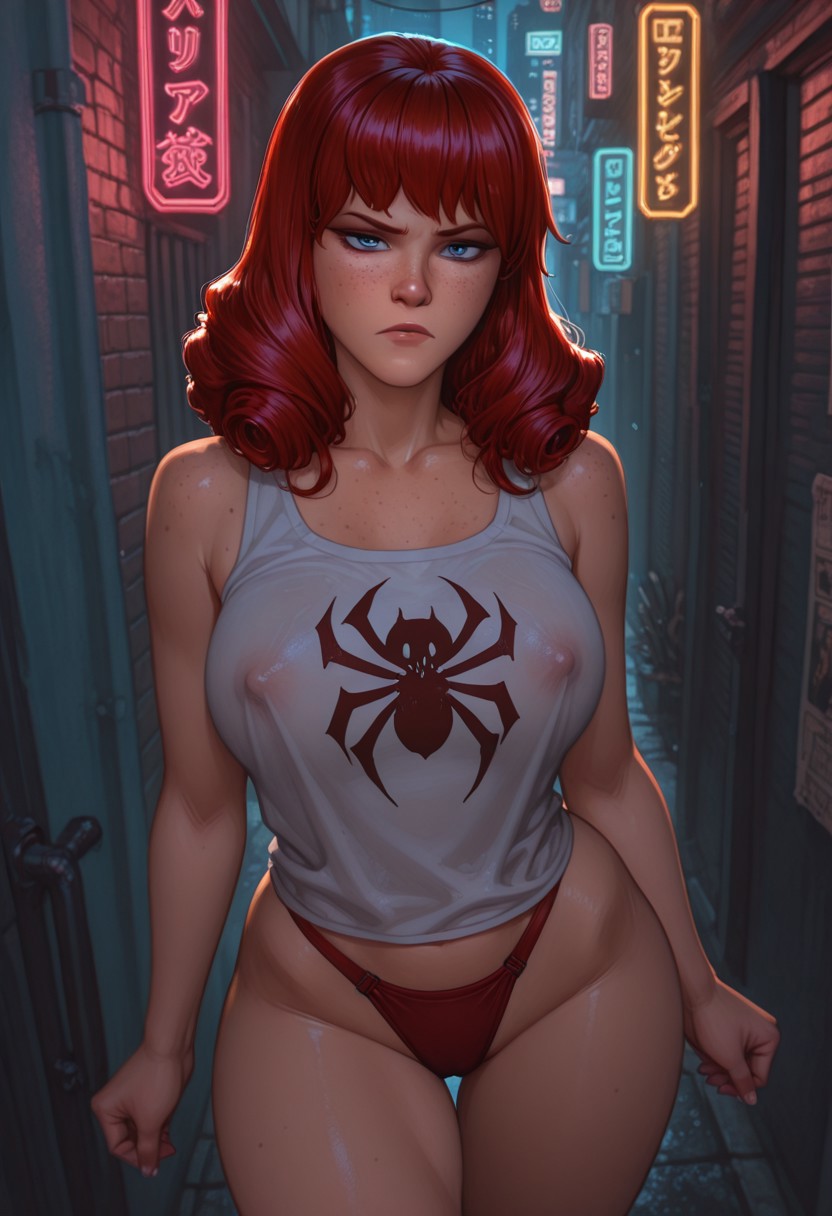 ai generated, alley, big breasts, breasts, female, married female, marvel, marvel comics, mary jane watson, milf, mother, neon lights, night, nipples, spider-man: into the spider-verse, symbol, thong, troythekid, wide hips