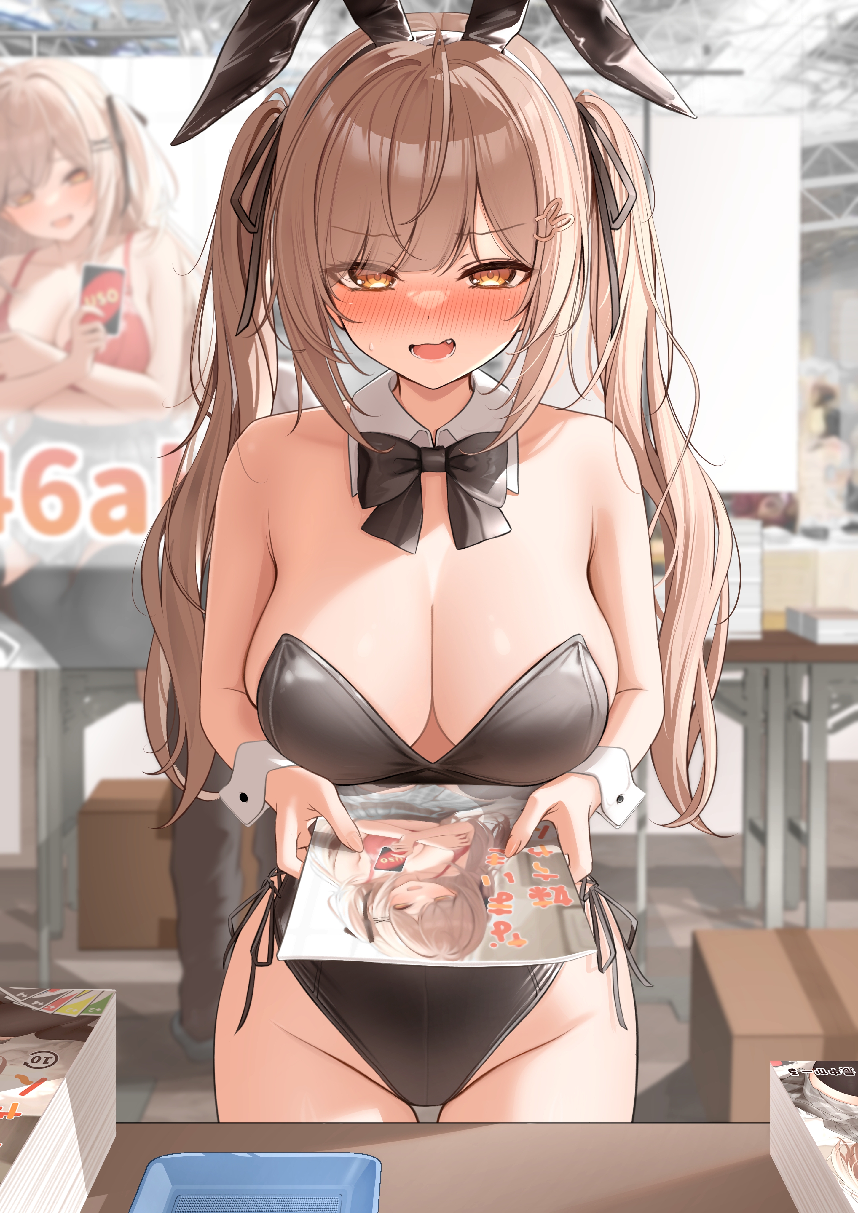 animal ear hairband, animal ears, bare arms, bare shoulders, black bow, black bowtie, black hairband, black leotard, blush, bow, bowtie, breasts, brown eyes, brown hair, cleavage, commentary request, detached collar, fake animal ears, female, female focus, hair ribbon, hairband, highres, holding, holding manga, imouto-chan (monaka curl), large breasts, leotard, long hair, looking at viewer, manga (object), monaka curl, nose blush, open mouth, original, paid reward available, playboy bunny, pov, pov across table, rabbit ear hairband, rabbit ears, revealing clothes, ribbon, side-tie leotard, solo, standing, strapless, strapless leotard, twintails, white wrist cuffs, wrist cuffs